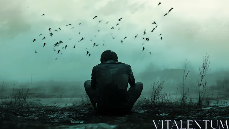 Solitary figure under stormy sky with circling birds at dusk.