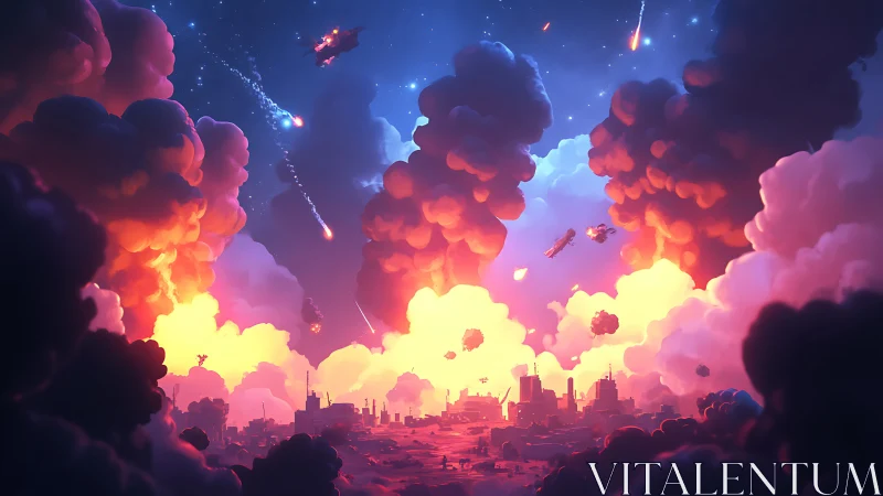 Futuristic city under fiery sky with incoming meteors.
