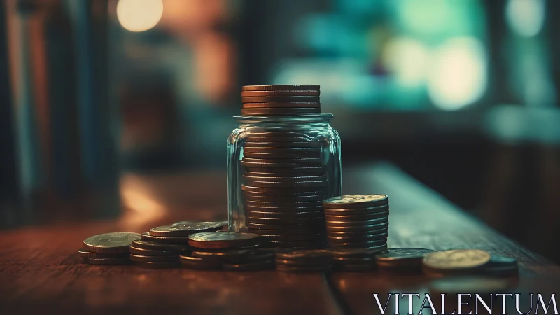 Glass container holds vertical stack of coins on wooden surface
