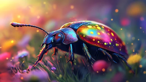 Rainbow beetle wandering through a dreamy garden glow.