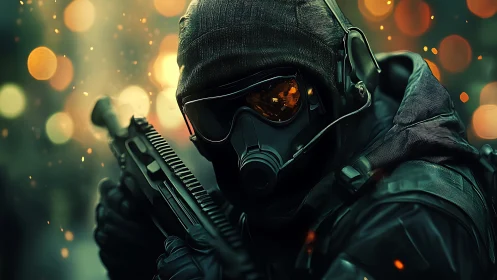 Tactical operator portrait in cinematic bokeh lighting study.