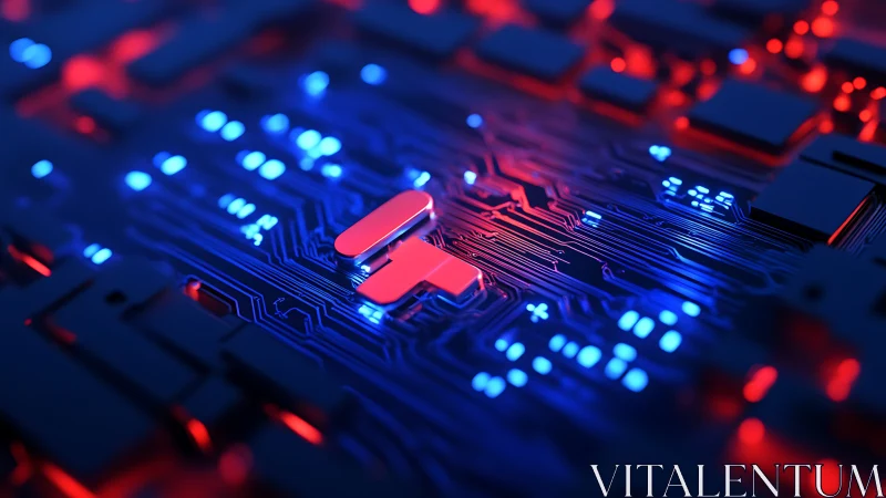 Neon red blue PCB surface with glowing digital circuitry.