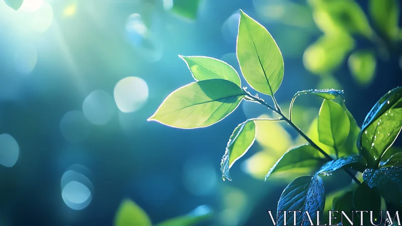 Sunlit Green Leaves with Dew in Soft Focus Nature Photography.