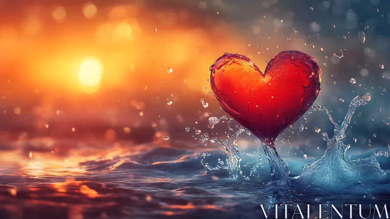 Red Heart Emerges From Water Amid Golden Sunset Light