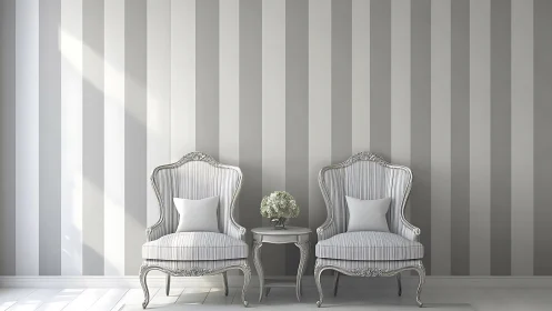 Classic white armchairs against grey striped wall decor.