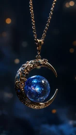 Gold crescent pendant suspends blue galaxy sphere in focus