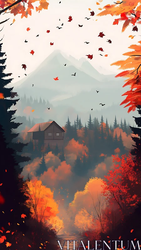 Autumn cabin nestles in misty mountains and fiery forest.