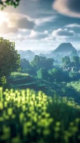 Voxel forest landscape shows sunlit hills and distant peak