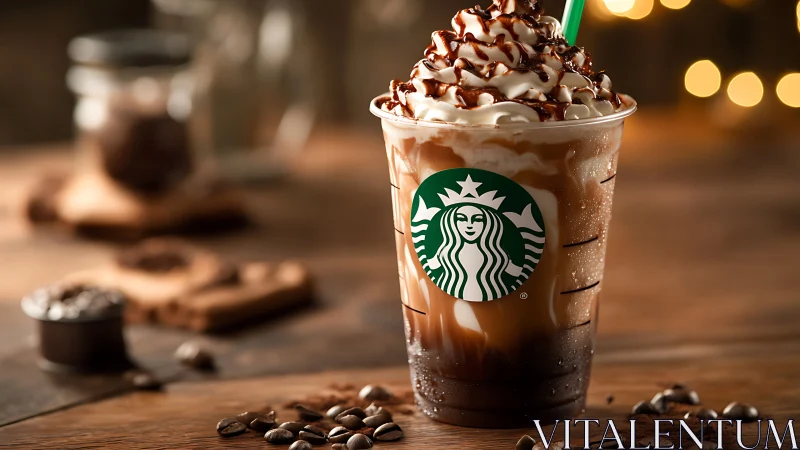 Iced Starbucks coffee drink topped with whipped cream sits centered