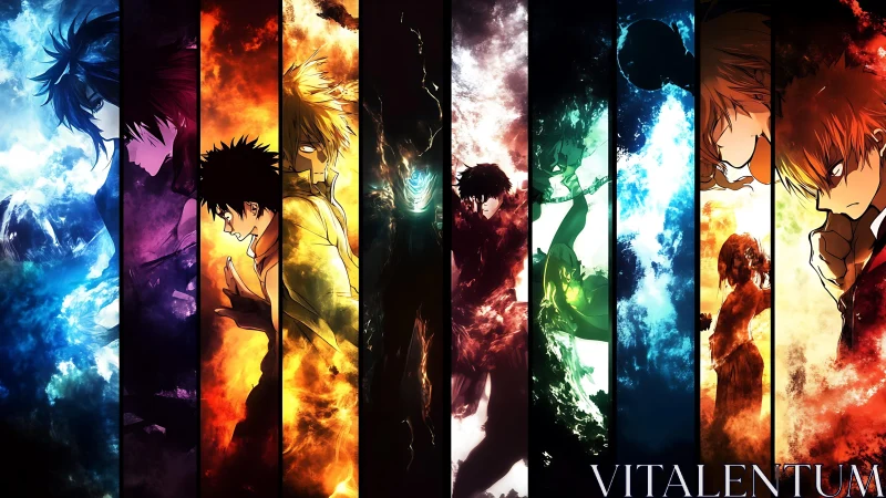 Vertical anime character panels divide elemental color fields