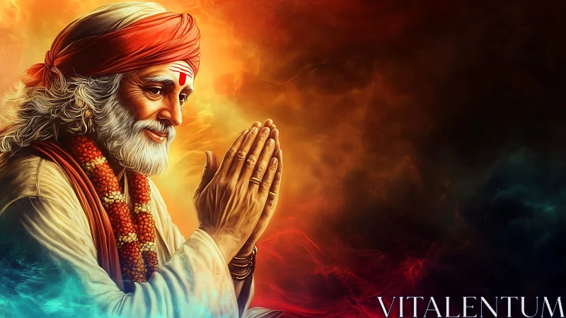 Elderly man prays with folded hands before fiery cloud