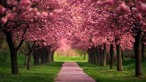 Blossom tunnel hums softly above a springlit walking path