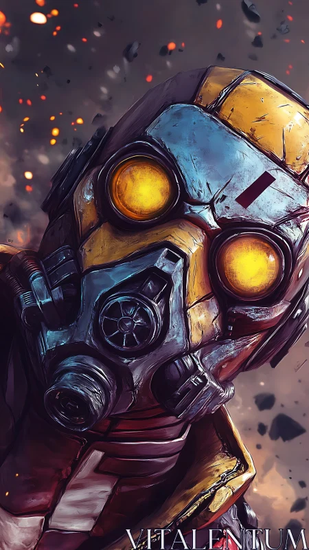 Armored sci fi soldier stares through glowing gas mask goggles.