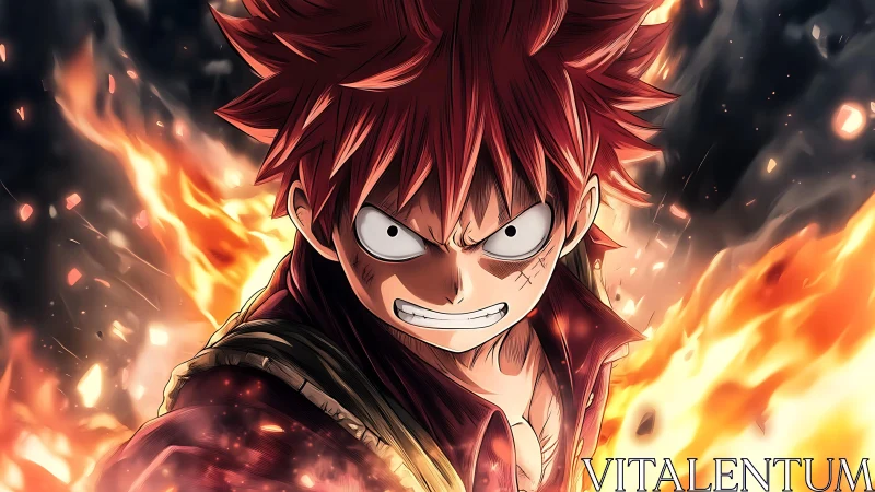 Red haired anime character is framed by dynamic flame effects