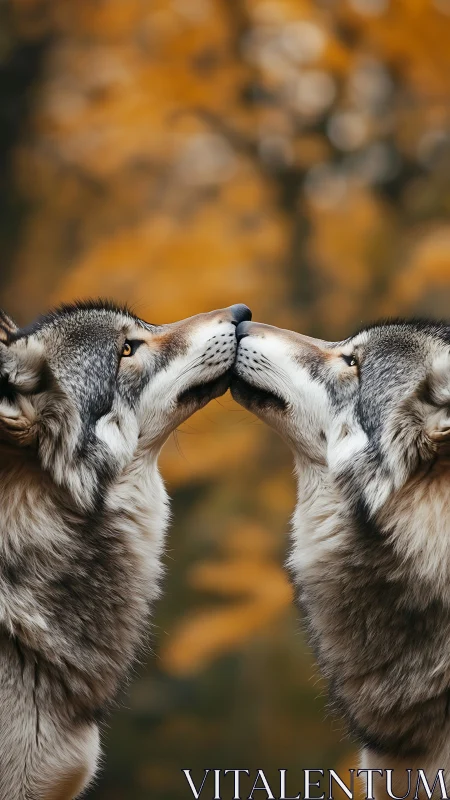 Symmetrical wolf pair touching noses against autumn bokeh