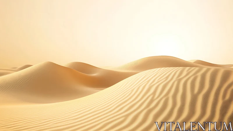 Sunlit sand dunes form smooth ridges under soft haze