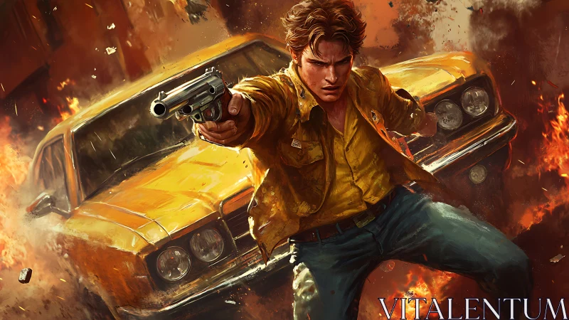 Reckless gunman dives from burning muscle car, firestorm.