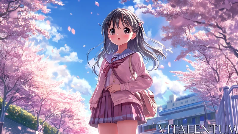 Schoolgirl under cherry blossoms on clear spring day.