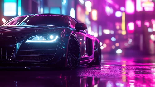 Neon raindrops crown a midnight supercar on slick streets