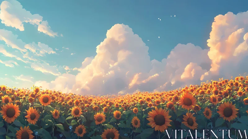 Sunlit sunflower field under volumetric clouds and warm sky gradient