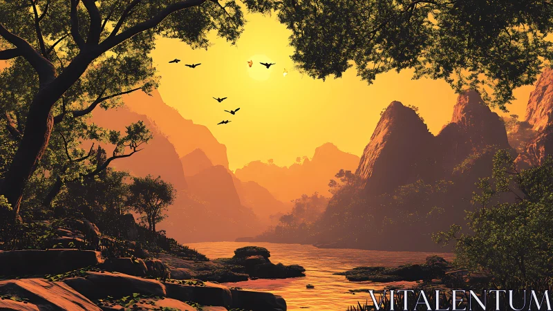 Sunlit river valley framed by dense trees and sharp peaks