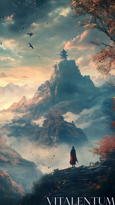 Solitary figure overlooks misty mountains and distant temple