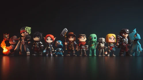 Voxel adventurer lineup with multi-class fantasy ensemble.