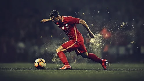 Dynamic football striker lunges toward ball under stadium lights