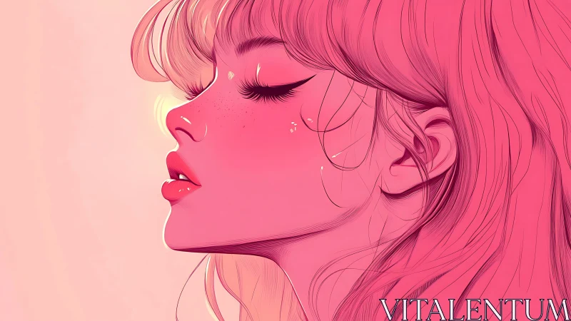 Side profile illustration of young woman in monochrome pink.