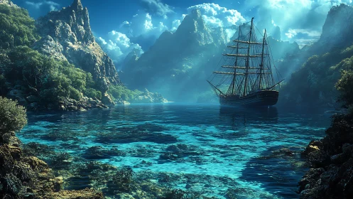 Sunlit sailing ship drifts calmly through a crystal cove