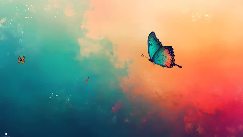 Blue butterfly crosses vibrant teal and orange sky