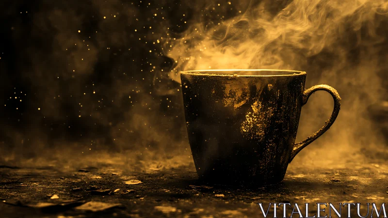 Cinematic low key coffee mug study with atmospheric steam glow.