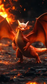 Orange dragon creature in fiery volcanic environment.
