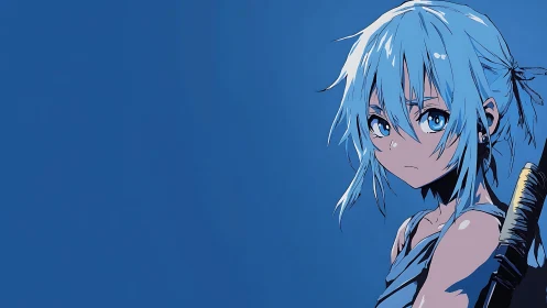 Blue‑haired anime swordswoman in profile against flat cobalt field