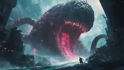 Colossal tentacled creature amid ruined futuristic cityscape.
