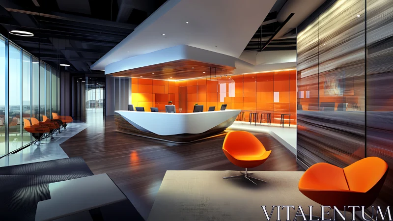 Modern office interior with curved reception desk and orange accent furniture.
