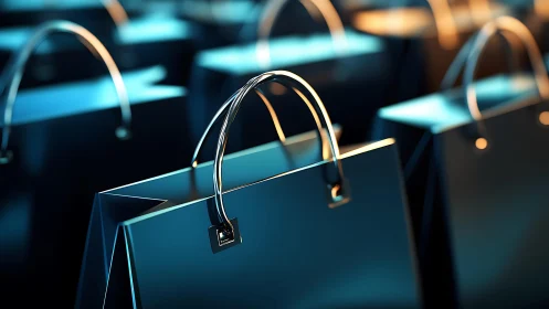 Luxury shopping bags under dramatic blue studio light.