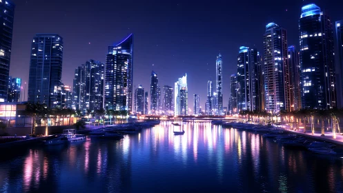 Parametric neon marina skyline under nocturnal spectral glow.