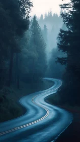 Serpent Road Through Misty Pines.