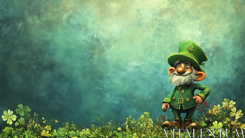 Leprechaun figure in green field with clovers and flowers.