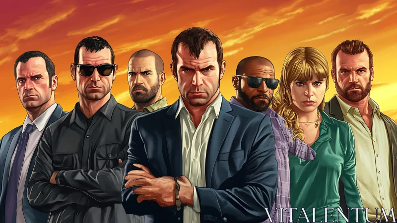 Stylized criminal ensemble under saturated sunset sky.