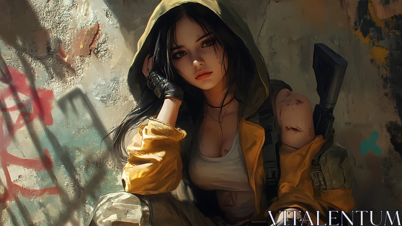 Hooded survivor resting with rifle in urban ruins.