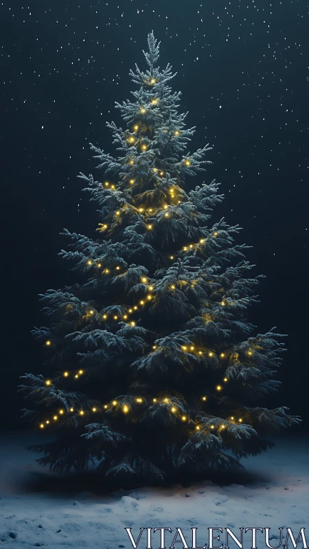 Snow covered outdoor fir tree glows with warm string lights