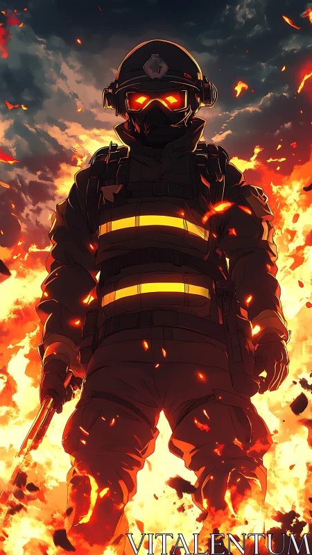 Firefighter in Heavy Hazmat Suit Against Inferno