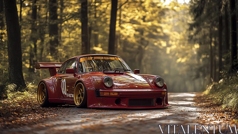 Track-spec red 911 race car with widebody aero on forest road