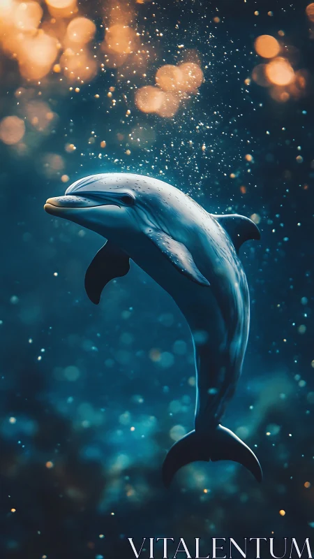 Luminous dolphin gliding through teal bokeh sea glow.