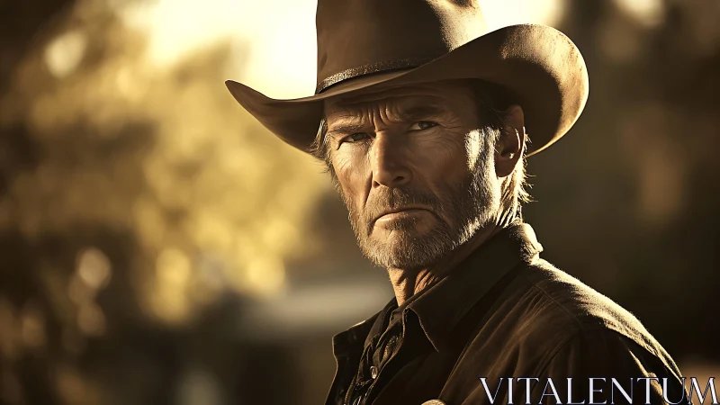 Older man in cowboy hat stands outdoors in warm light