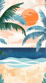 Sunlit palm shore with gentle waves and a painted sky.