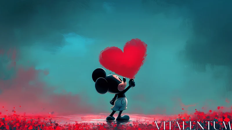 Silhouetted Character Holding Luminous Heart Against Turquoise Sky.