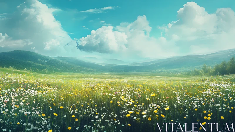 Digital painting of alpine wildflower meadow under vast sky.